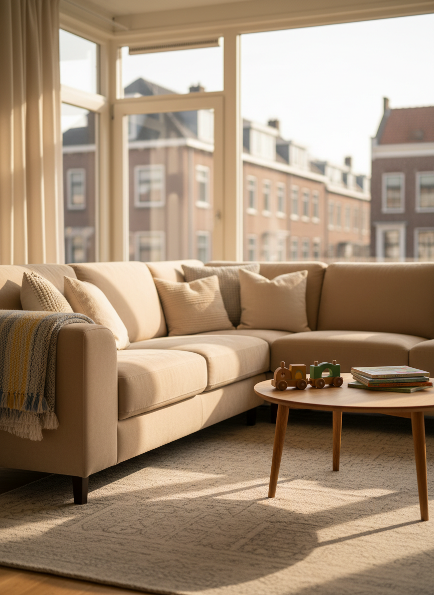 A warmly lit, modern family lounge corner without any people, featuring a plush sand-colored sofa with soft, textured cushions and a neatly folded baby blanket draped over one arm. A wooden toy train and a stack of colorful board books rest on a low, rounded oak coffee table with child-safe edges. Large windows reveal a subtle hint of Haarlem’s brick townhouses in soft focus outside. Gentle late-afternoon natural light spills across a pale rug, creating calm shadows. Photographic realism, eye-level composition with shallow depth of field, emphasizing an inviting, community-oriented atmosphere suitable for a welcoming homepage hero image.